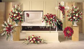 Funeral arrangements decorating funeral room