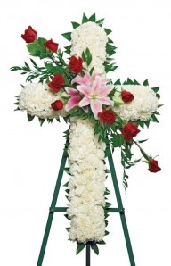 Funeral standing spray in the shape of a cross