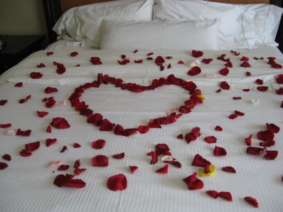 Creating romantic atmosphere with rose petals