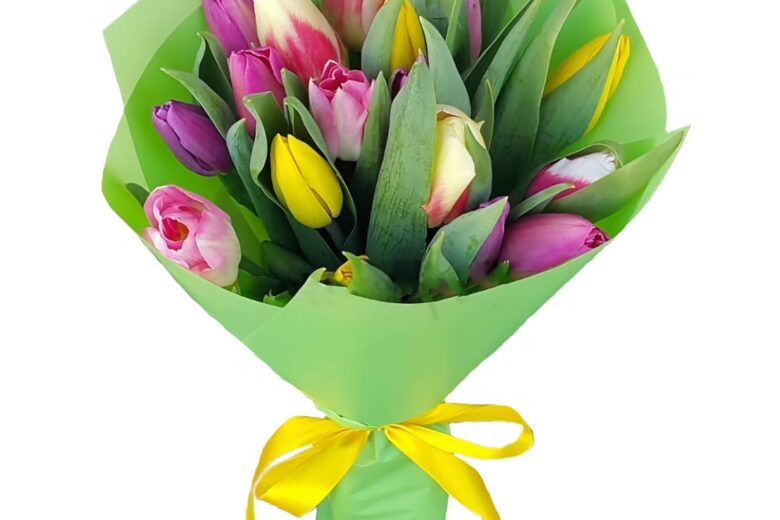 Wrapped bouquet of tulips